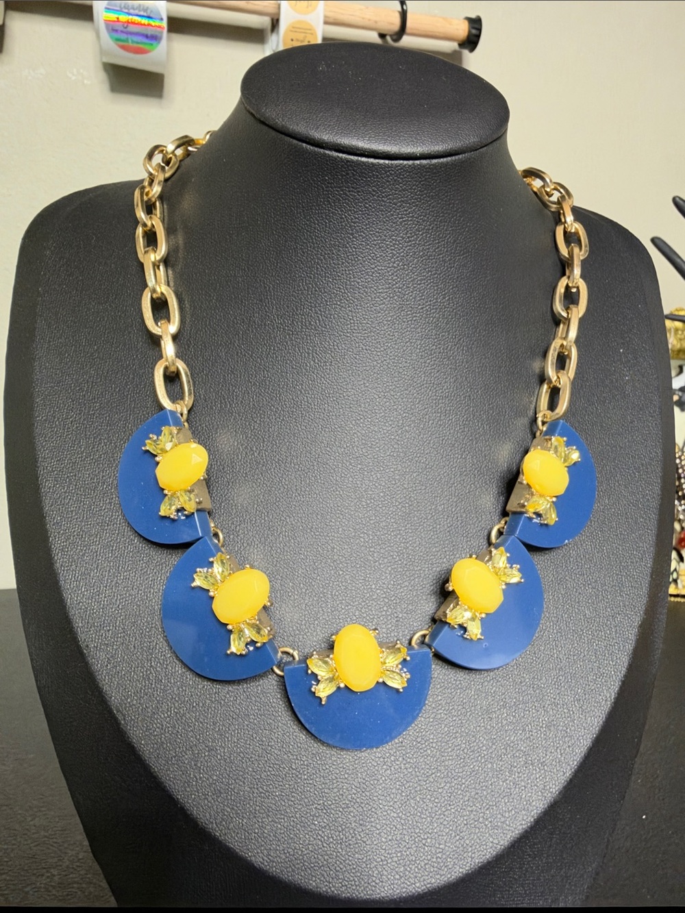 Bold Blue Yellow Statement Gold Tone Fashion Necklace